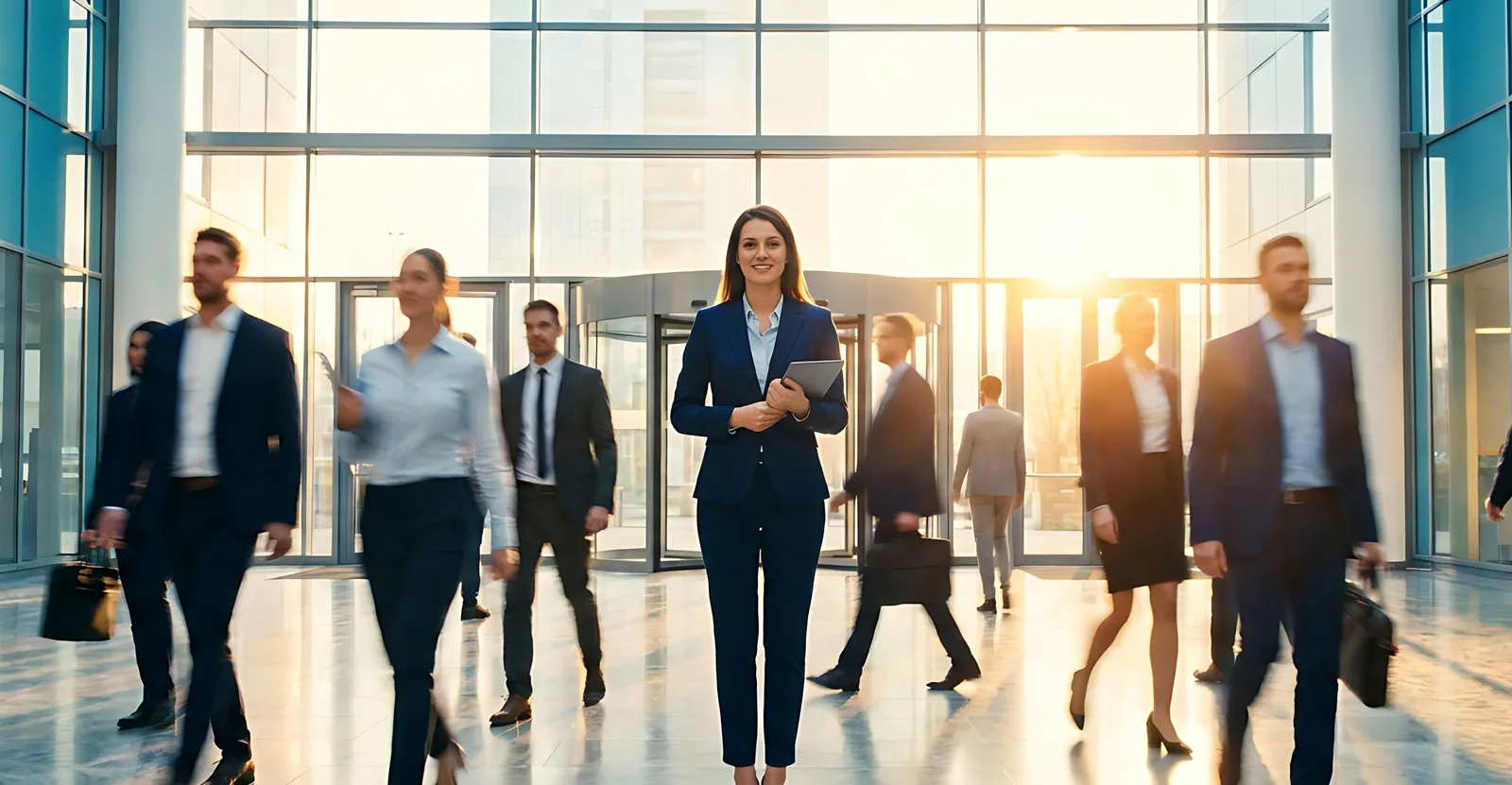 Professionals walking through a bright, modern office lobby